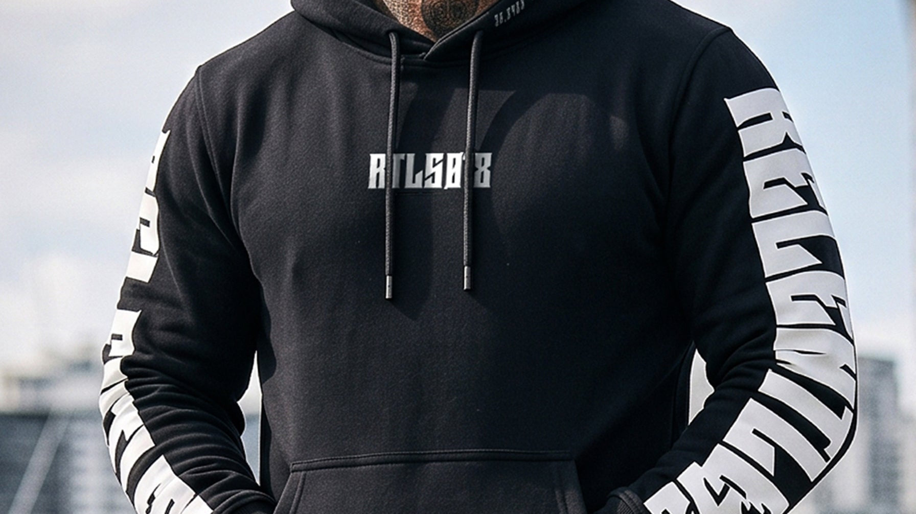 Close-up of RTLS Relentless Hoodie construction detail, 230 GSM anti-pill CVC fleece with twin-needle stitching