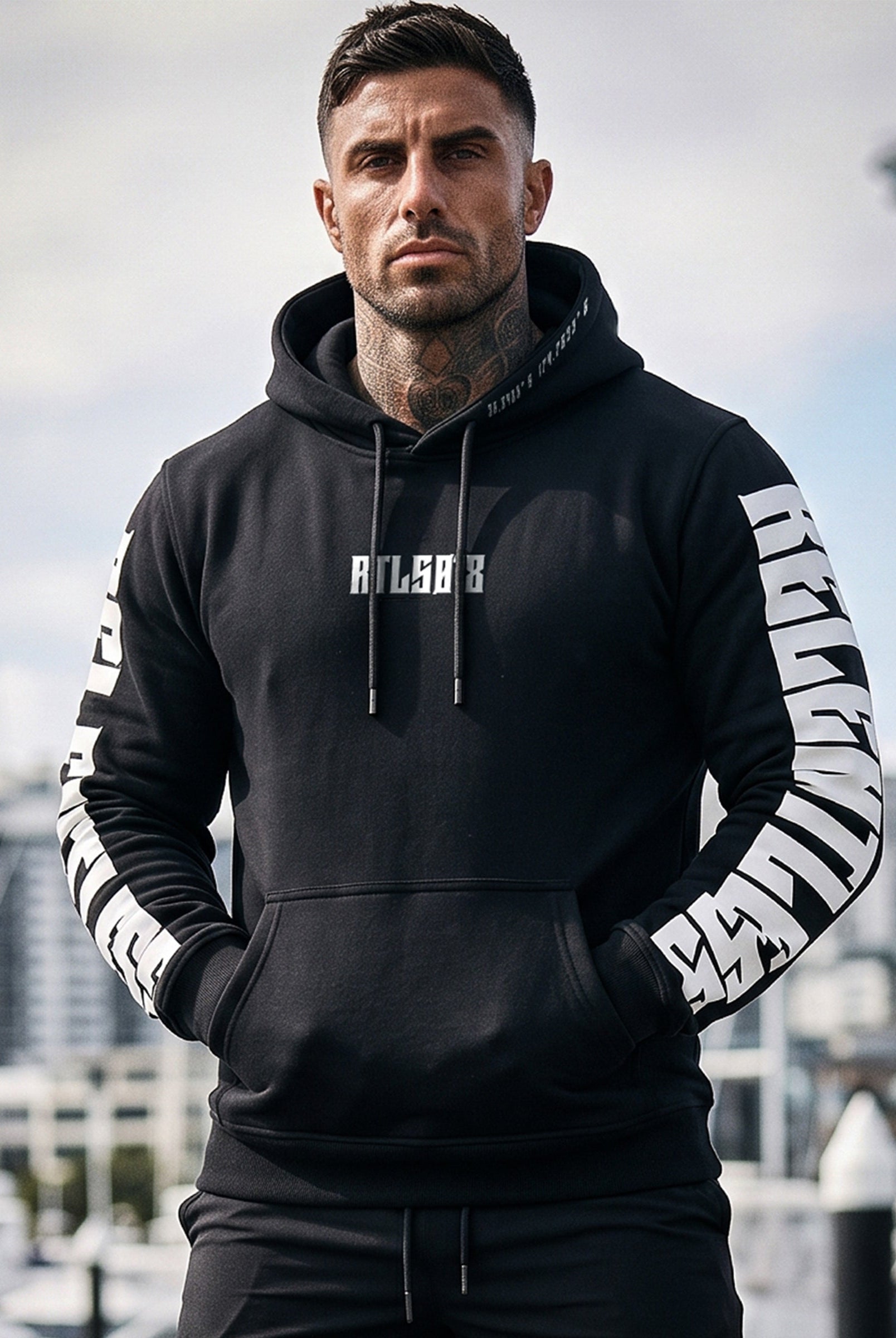 Close-up of RTLS Relentless Hoodie construction detail, 230 GSM anti-pill CVC fleece with twin-needle stitching
