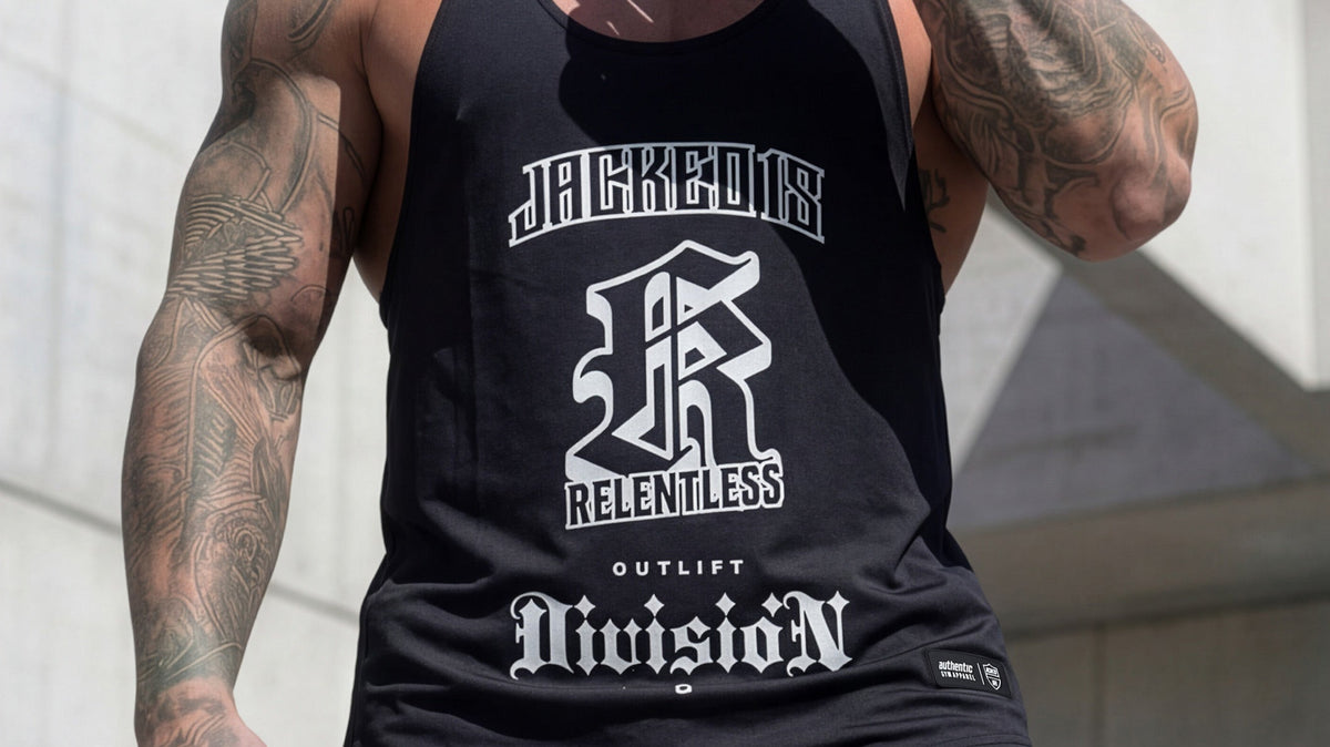 RTLS 1018 Relentless Stringer black, front view showing thin straps, deep armholes and sculpted chest taper
