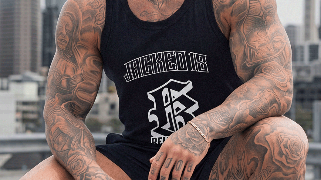 RTLS 1018 Relentless Singlet in black, a 150 GSM combed cotton bodybuilding singlet with Relentless 18 front graphic