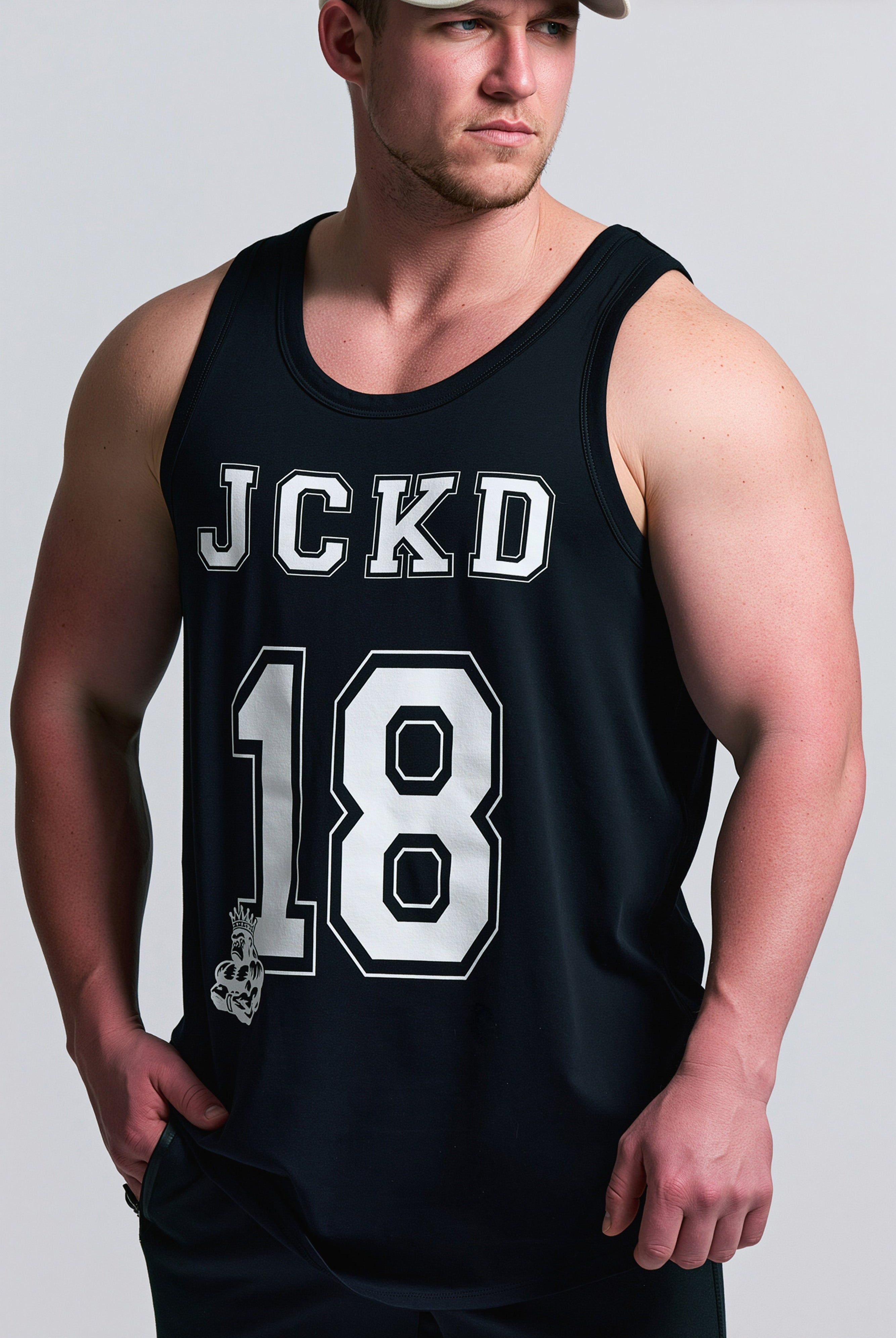 JCKD Kong 18 gym singlet, front view — 150 GSM combed cotton sleeveless fit