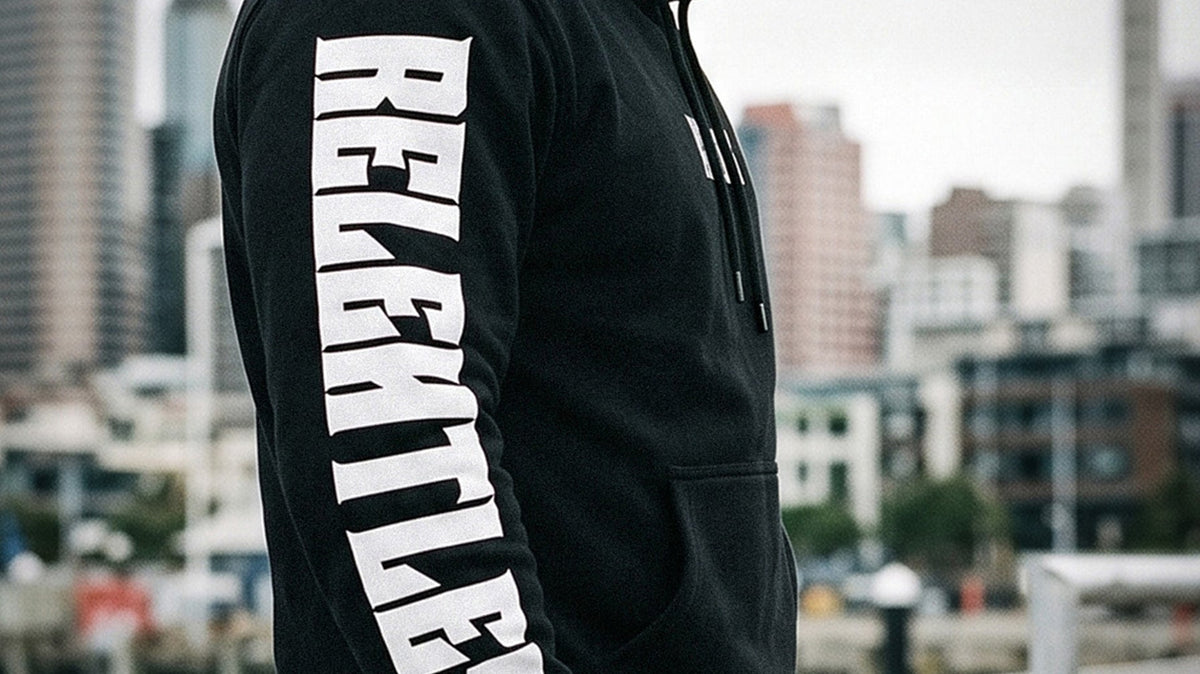 RTLS Relentless Hoodie in black, blacked-out heavyweight gym hoodie for an all-black gym kit