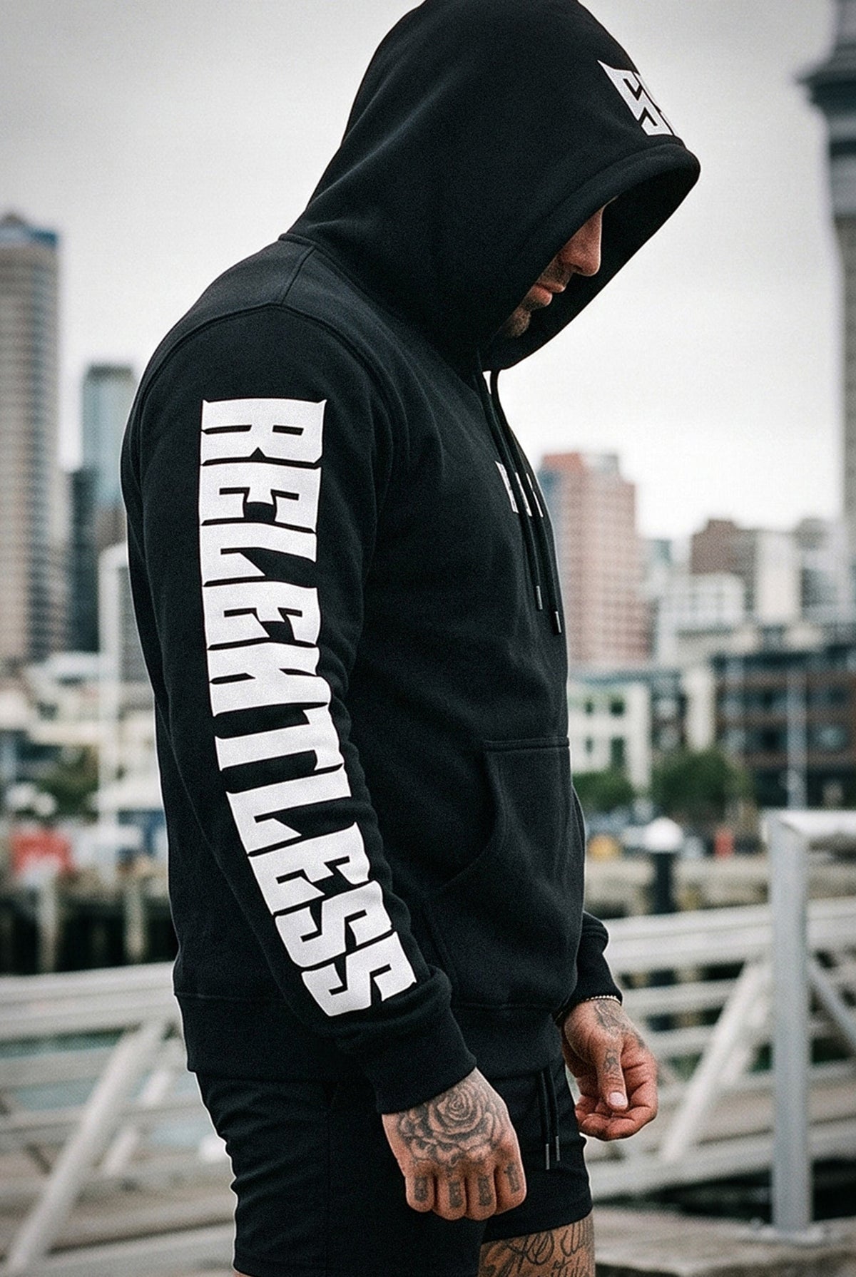RTLS Relentless Hoodie in black, blacked-out heavyweight gym hoodie for an all-black gym kit
