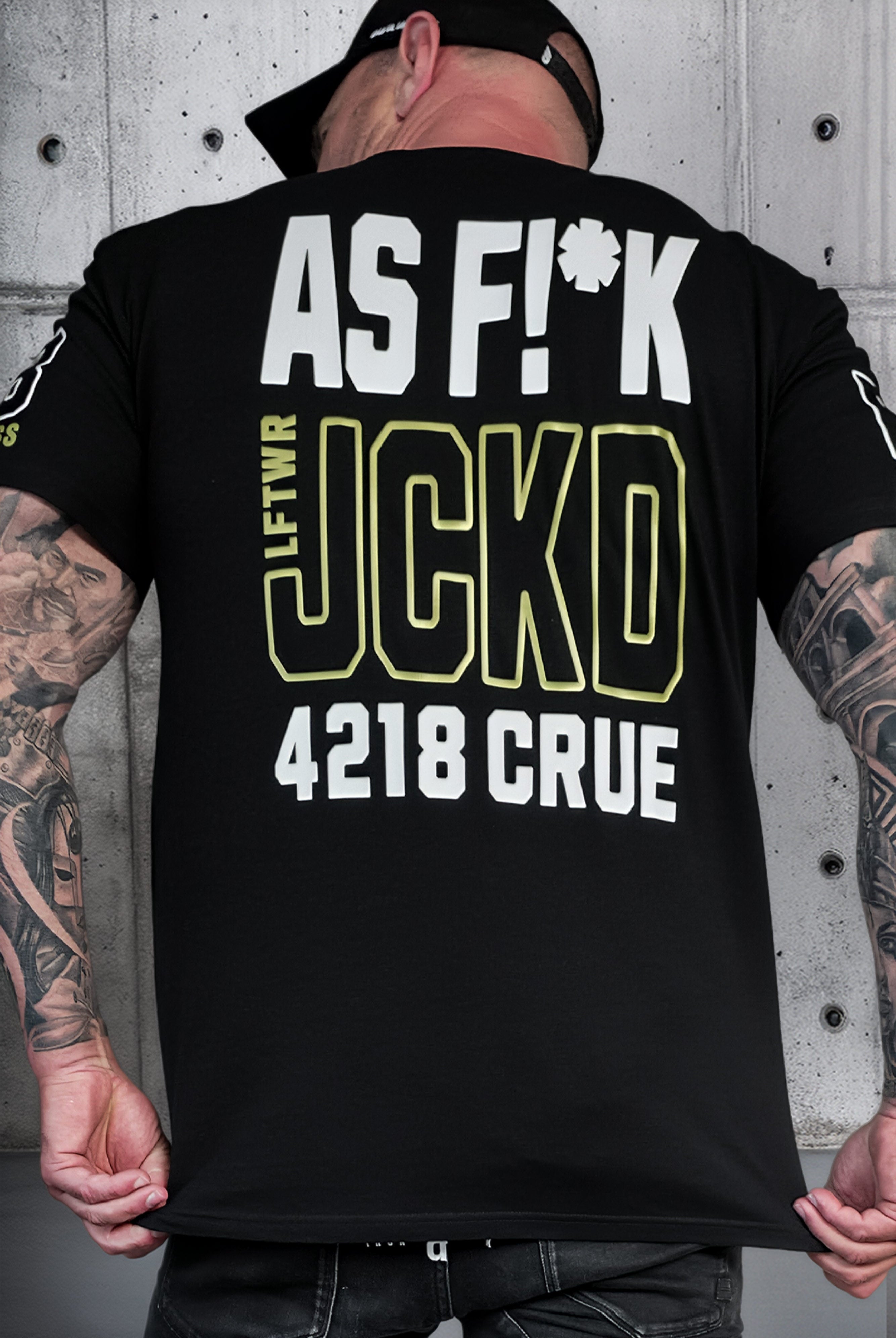 JCKD R18 heavyweight gym tee, gold print on black