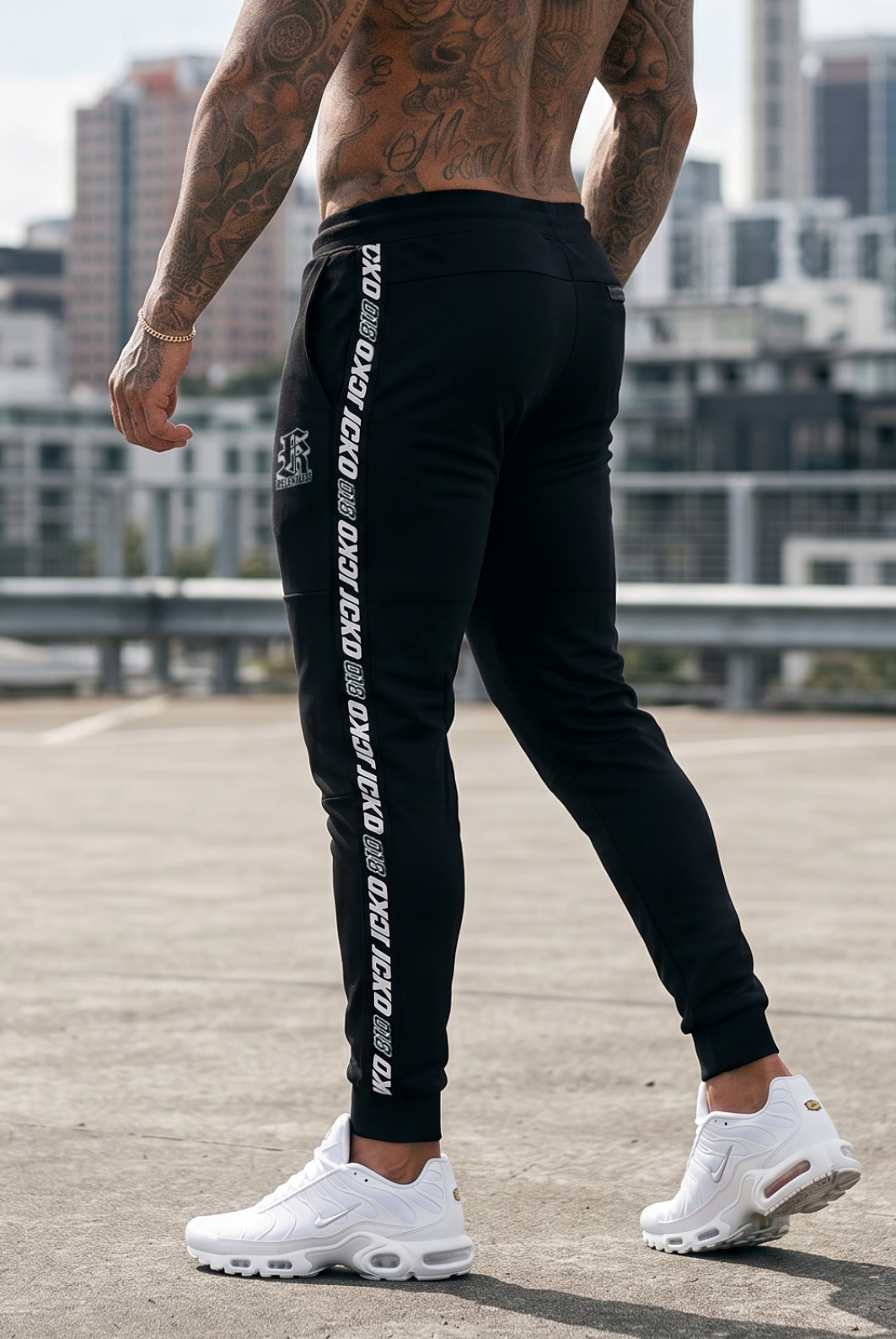 RTLS Core-Lock Joggers black, tapered gym joggers worn in an urban setting