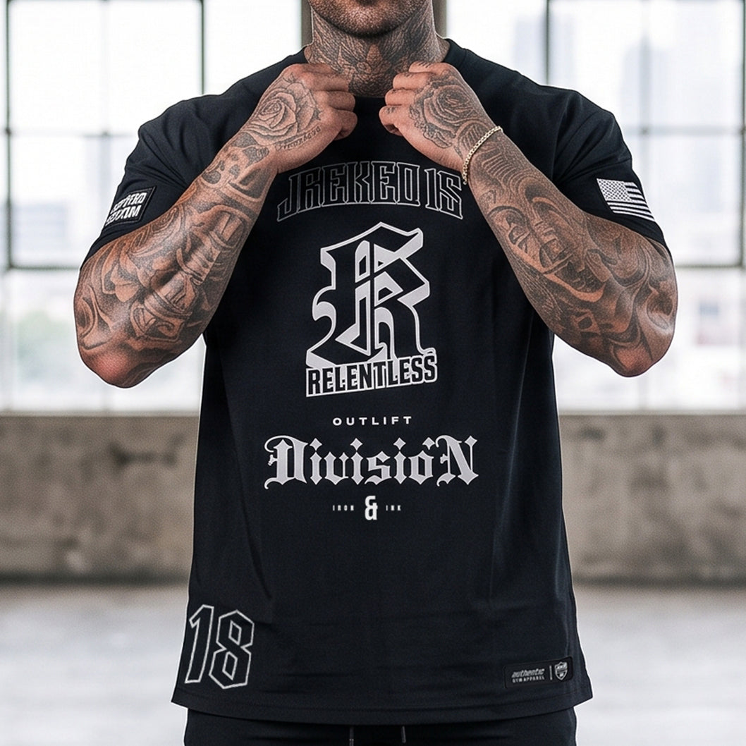 RTLS 3018 Relentless 18 Tee in black, regular fit gym tee sized up to 3XL