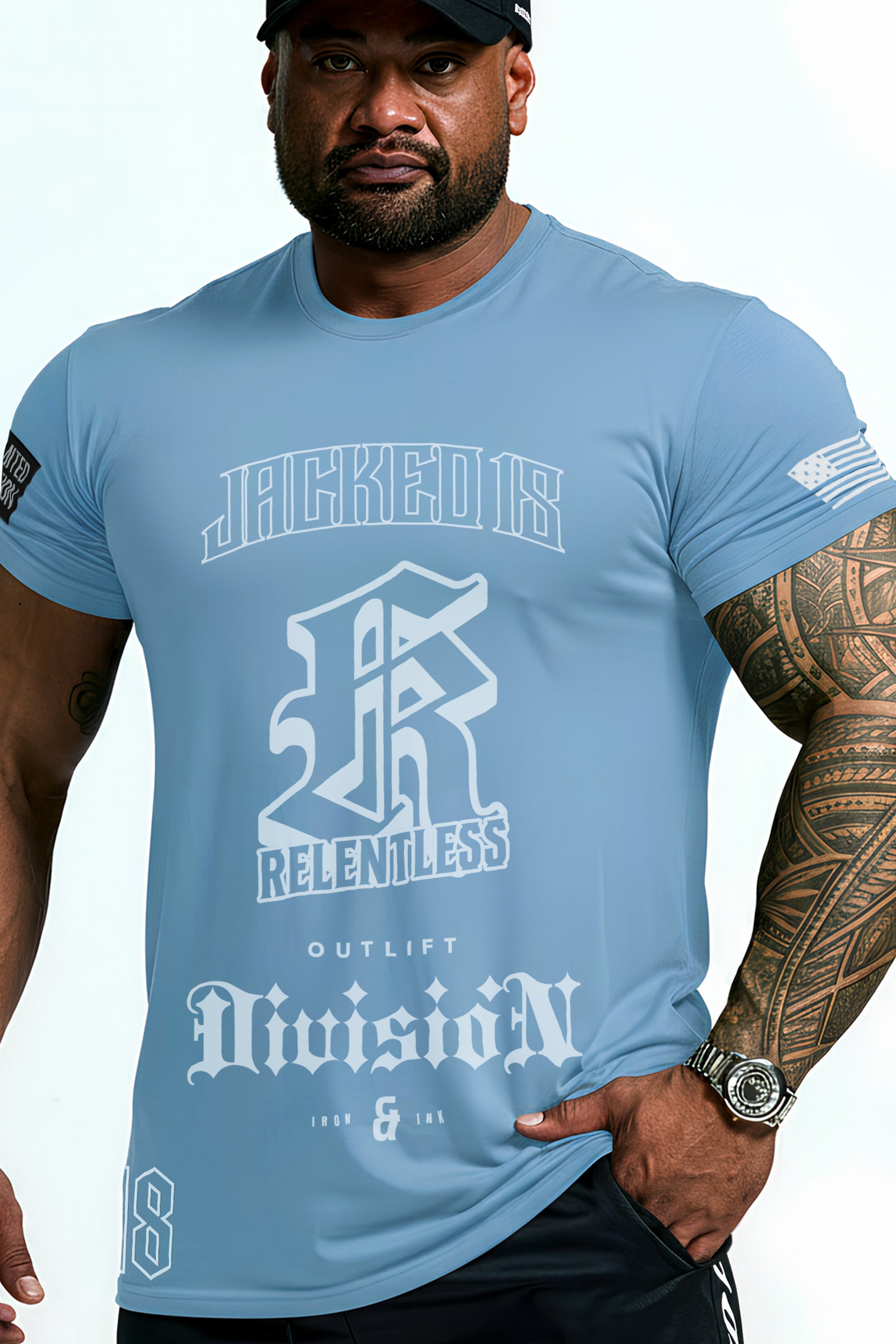 JCKD 3018 Relentless 18 Tee baby blue, signature Jacked chest graphic on 220 GSM cotton gym tee