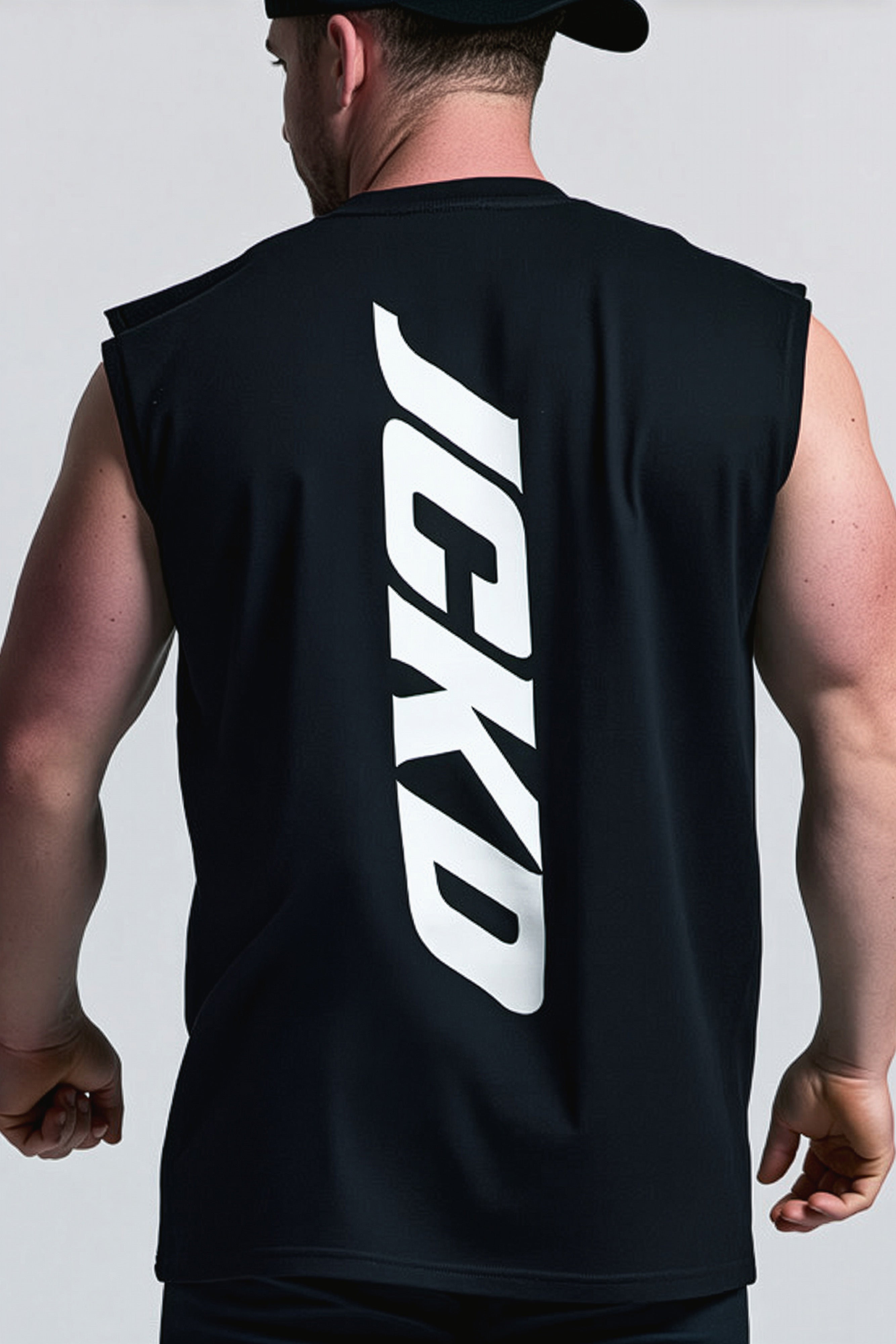 JCKD 1019 Vertical Shield Tank black, 18 Shield graphic on sleeveless gym tank built for lifters