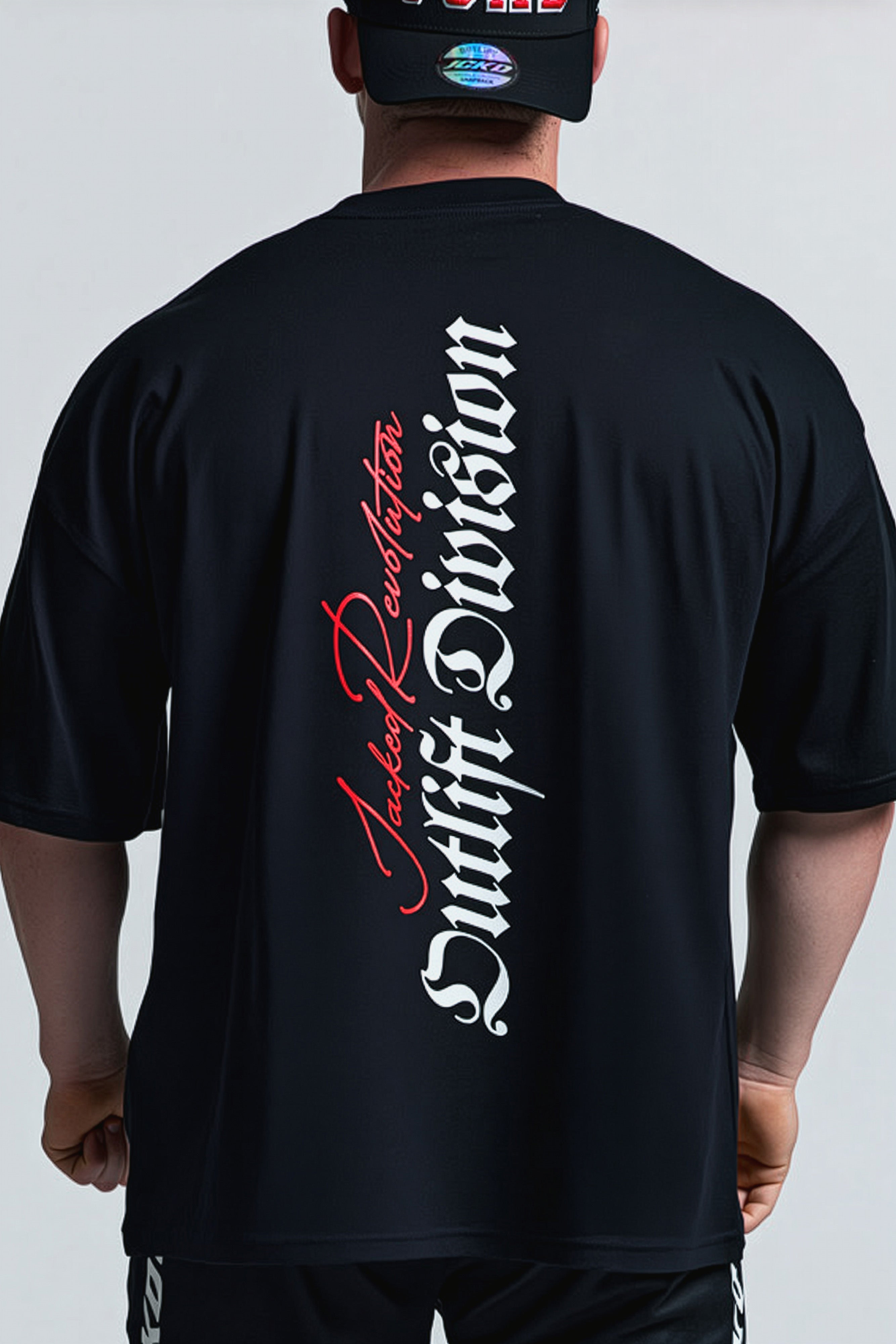 JCKD 4018 Signature Oversized Tee black, Outlift Division graphic on drop shoulder oversized gym tee