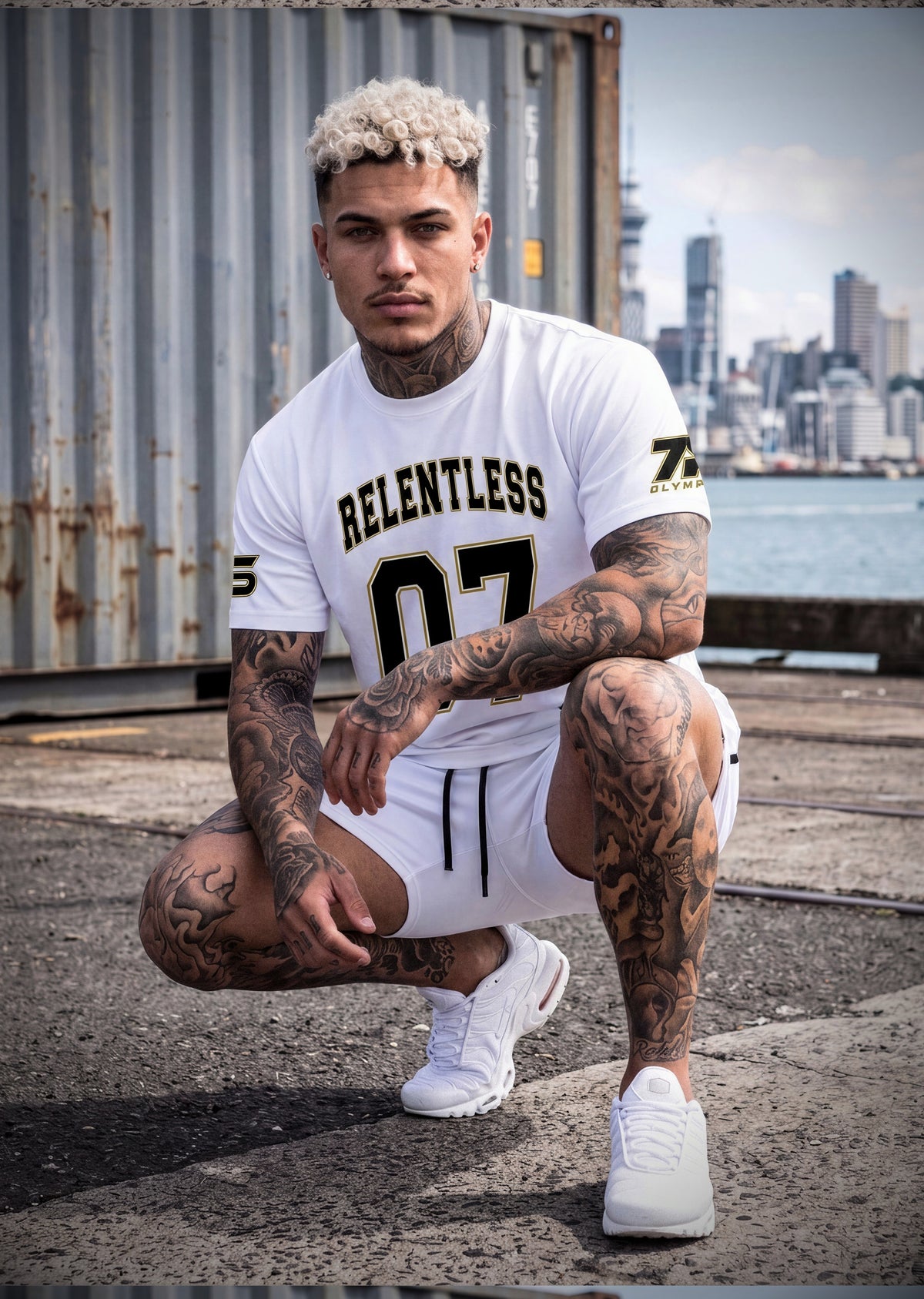 4018 Arnold 07 Oversized Tee white, front crouch, Auckland waterfront
