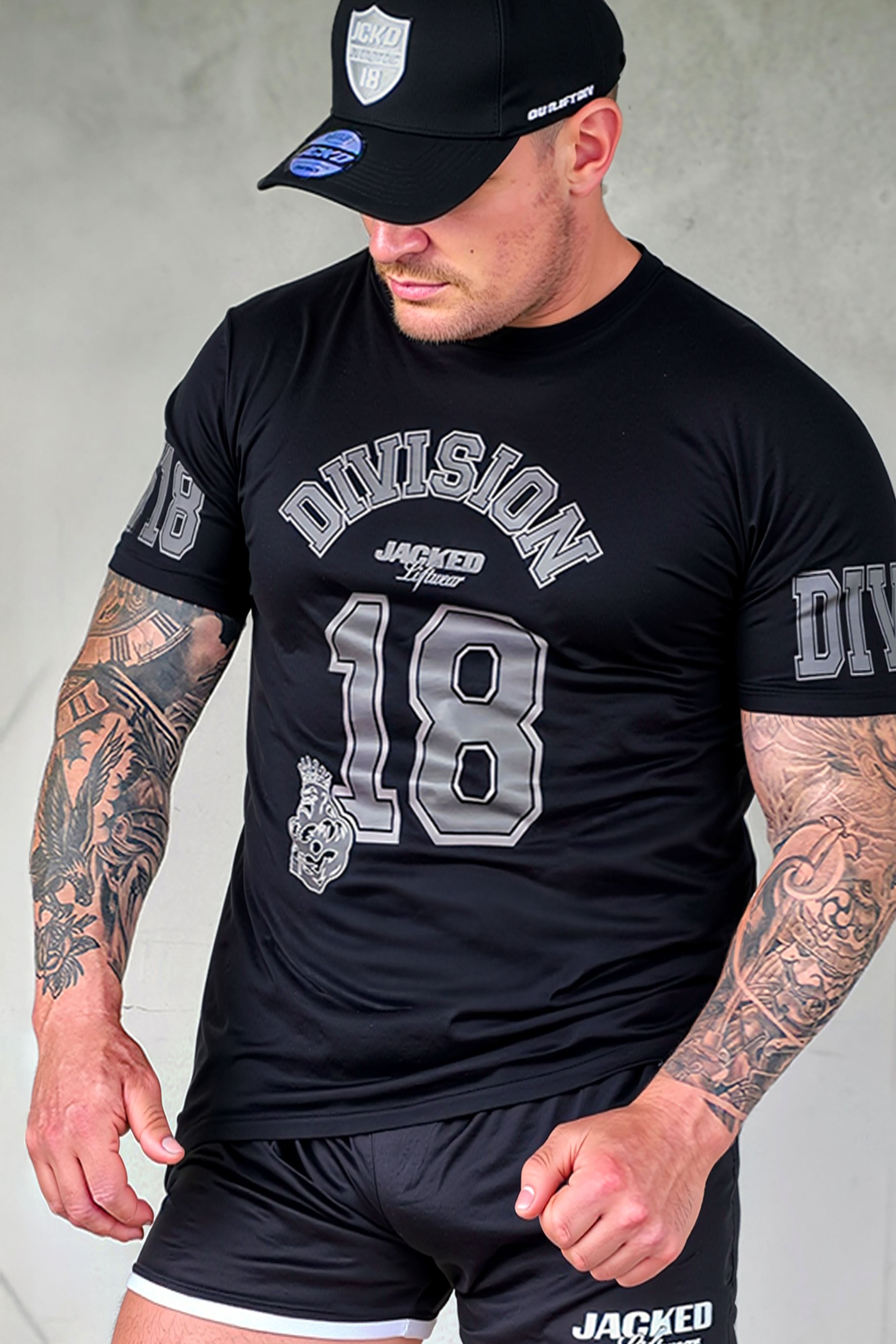 JCKD 3018 Division 18 Stealth Tee black tonal print, underground gym style 220 GSM cotton tee