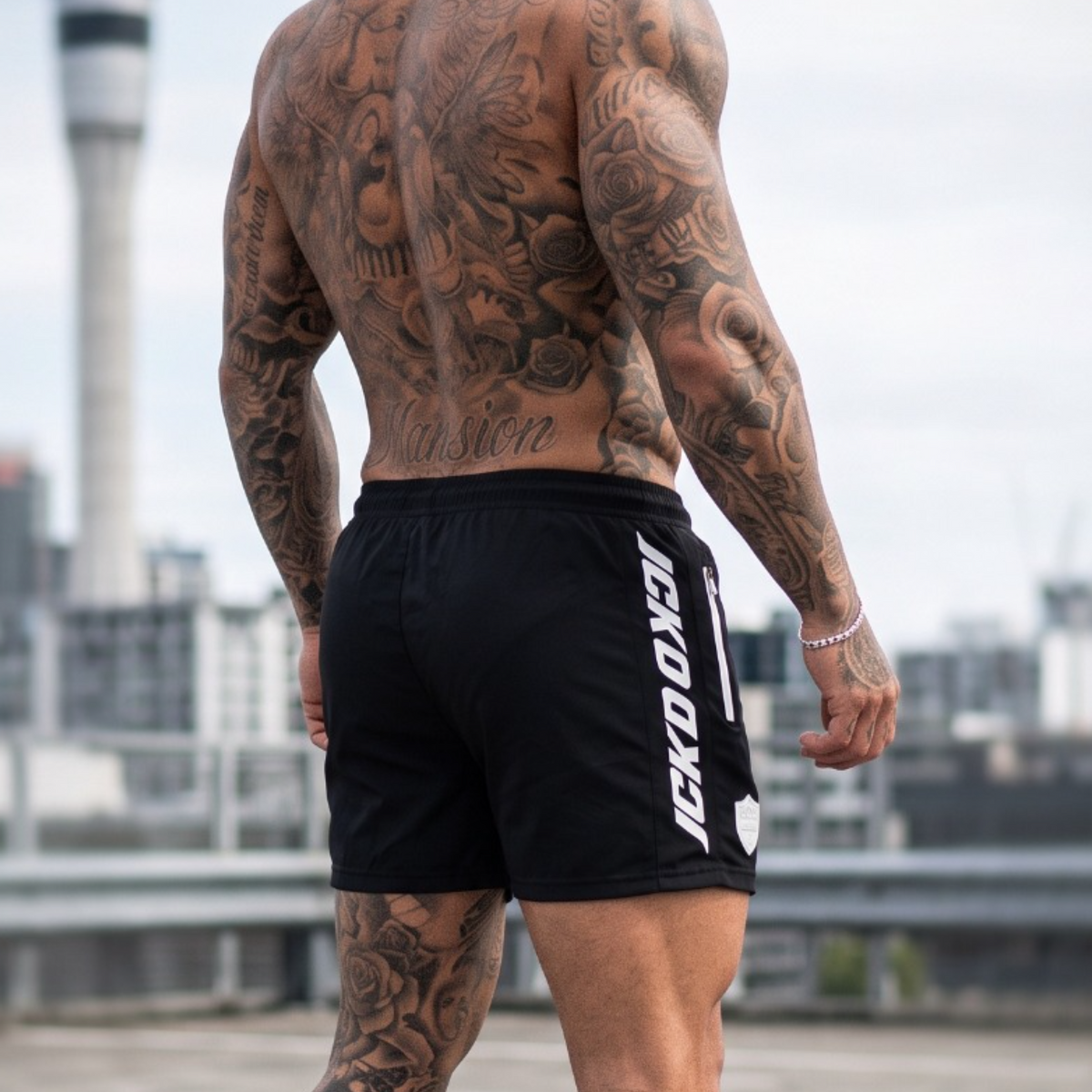1020 Quad Stomp Stealth Shorts black, lightweight polyester training shorts with side prints