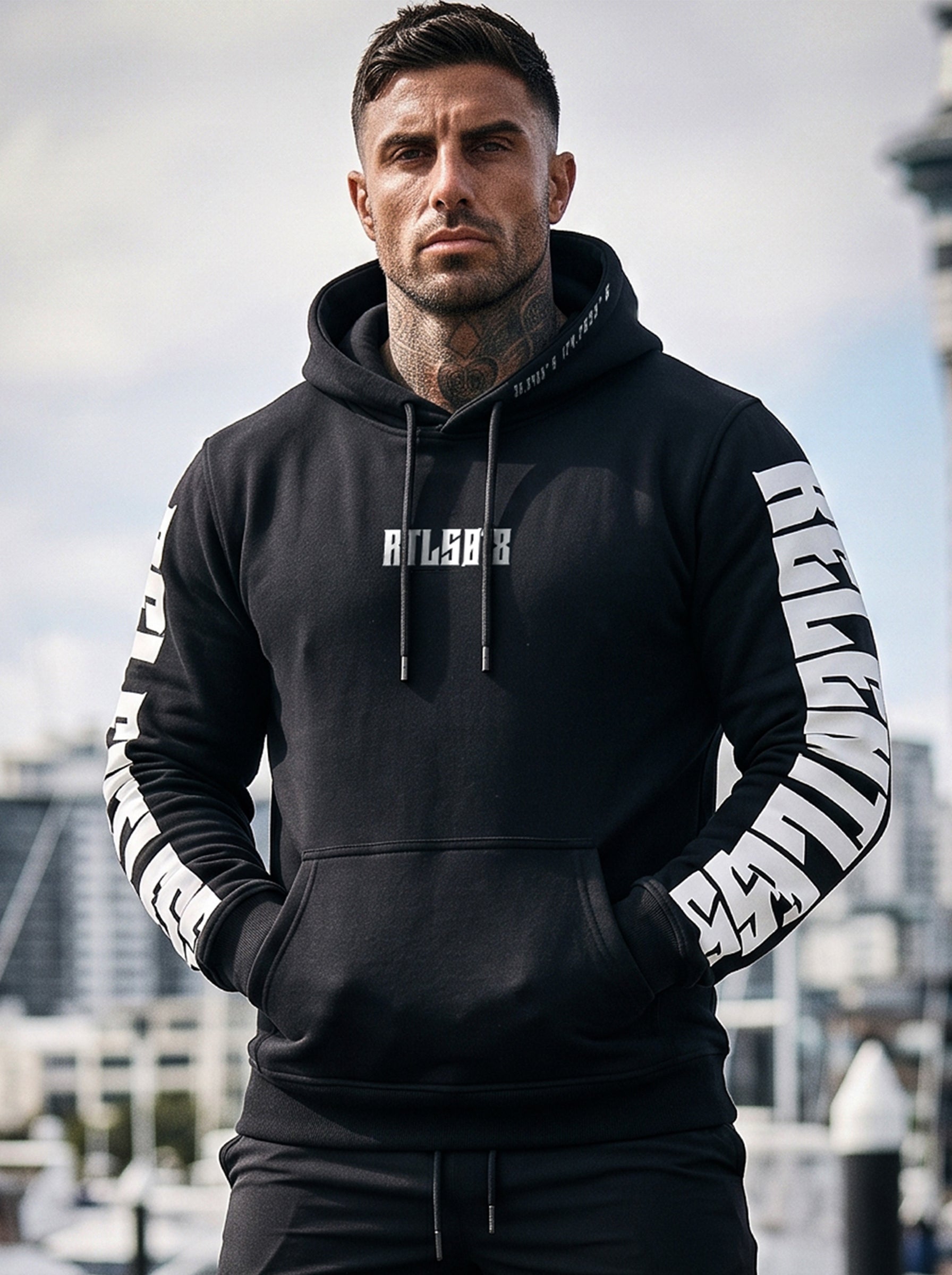 Close-up of RTLS Relentless Hoodie construction detail, 230 GSM anti-pill CVC fleece with twin-needle stitching