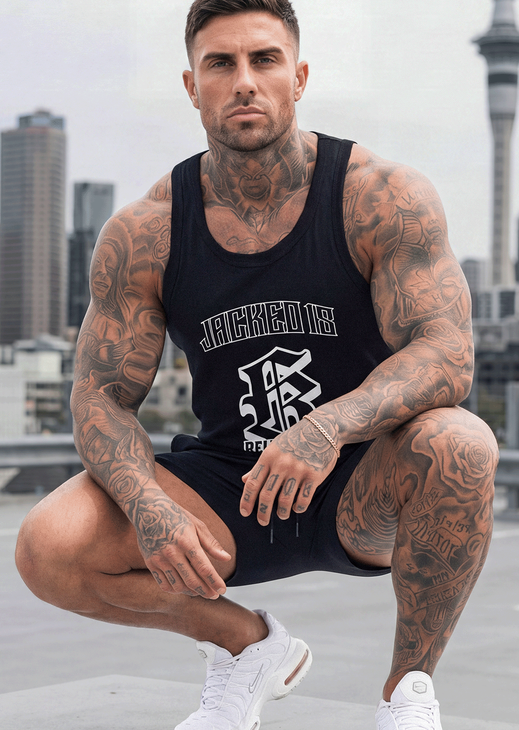 RTLS 1018 Relentless Singlet in black, a 150 GSM combed cotton bodybuilding singlet with Relentless 18 front graphic
