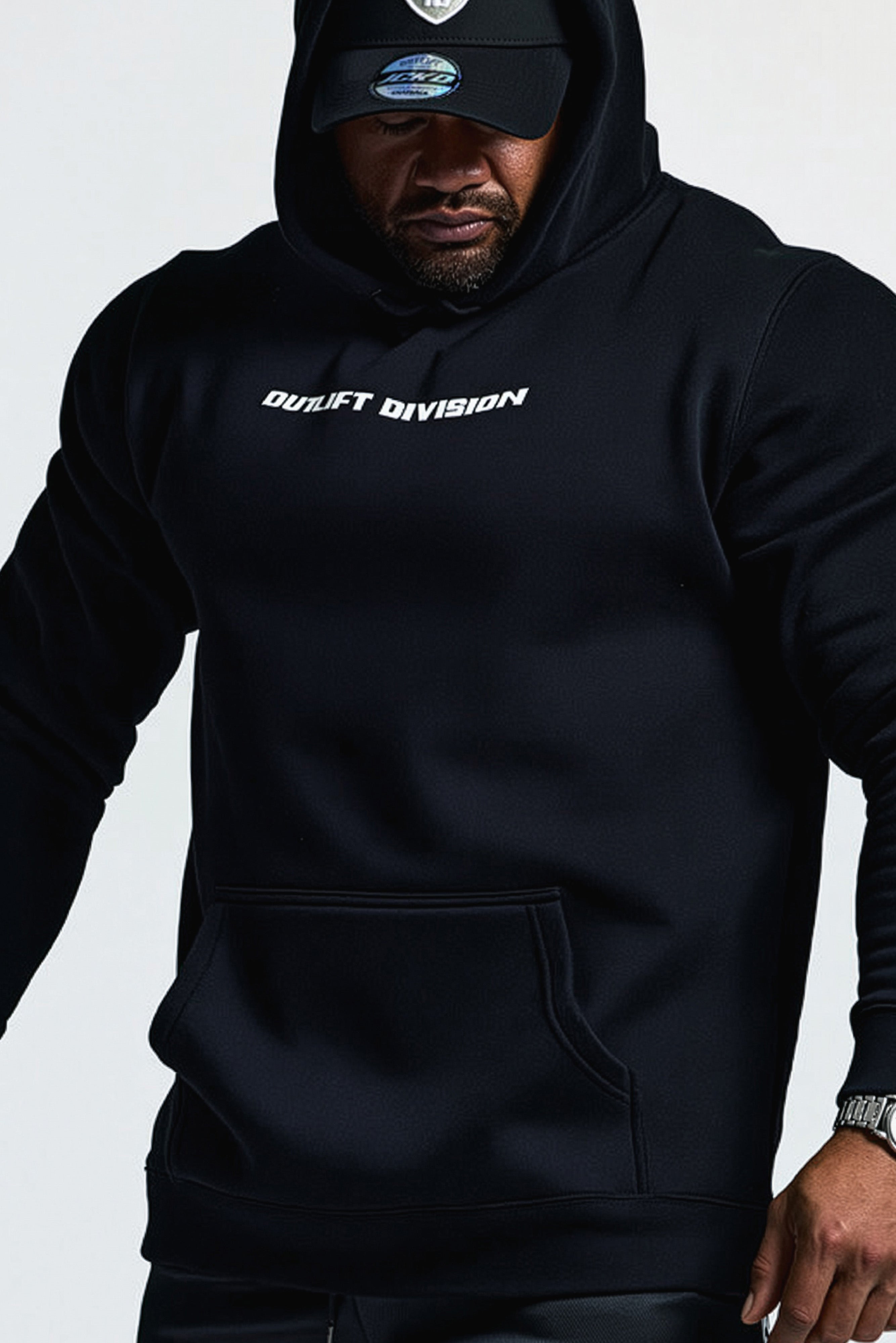 RTLS 6018 Outlift Vertical Hood in black, 350 GSM anti-pill CVC fleece pullover hoodie with lined hood and ribbed cuffs