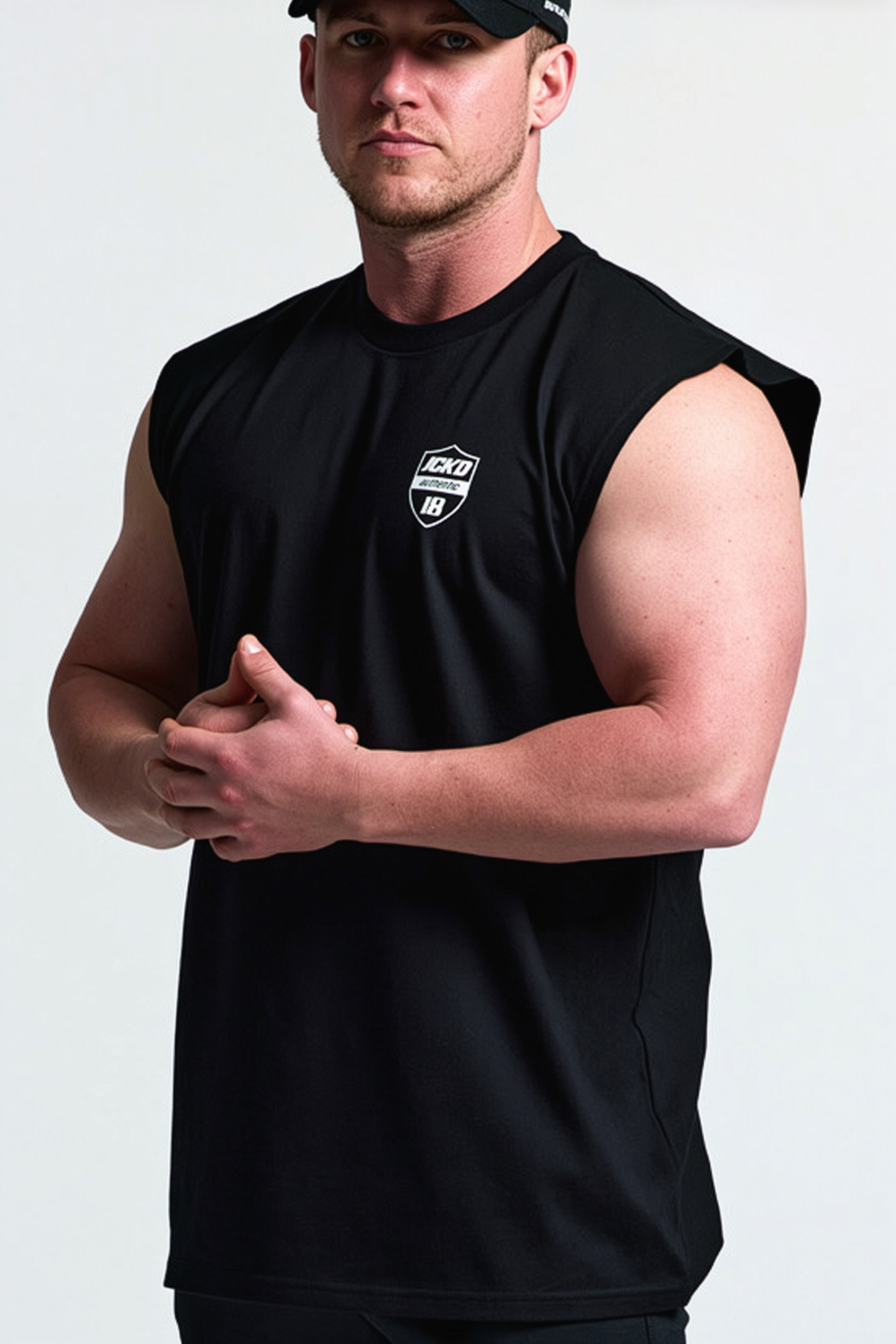 RTLS 1019 Vertical Shield Tank in black, 220 GSM combed cotton men's gym tank top with hemmed armholes