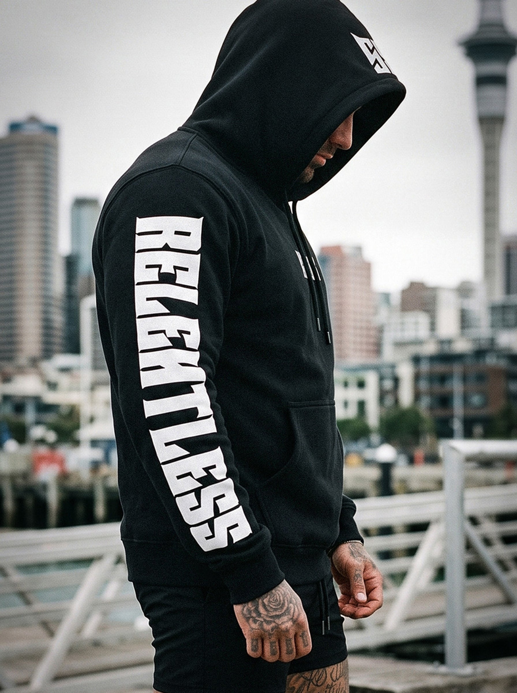 RTLS Relentless Hoodie in black, blacked-out heavyweight gym hoodie for an all-black gym kit