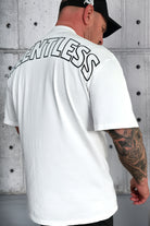 JCKD 4018 The Ark Oversized Tee white, bold Relentless logo on drop shoulder cut oversized gym tee