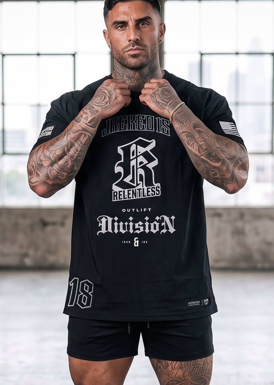 RTLS 3018 Relentless 18 Tee in black, regular fit gym tee sized up to 3XL