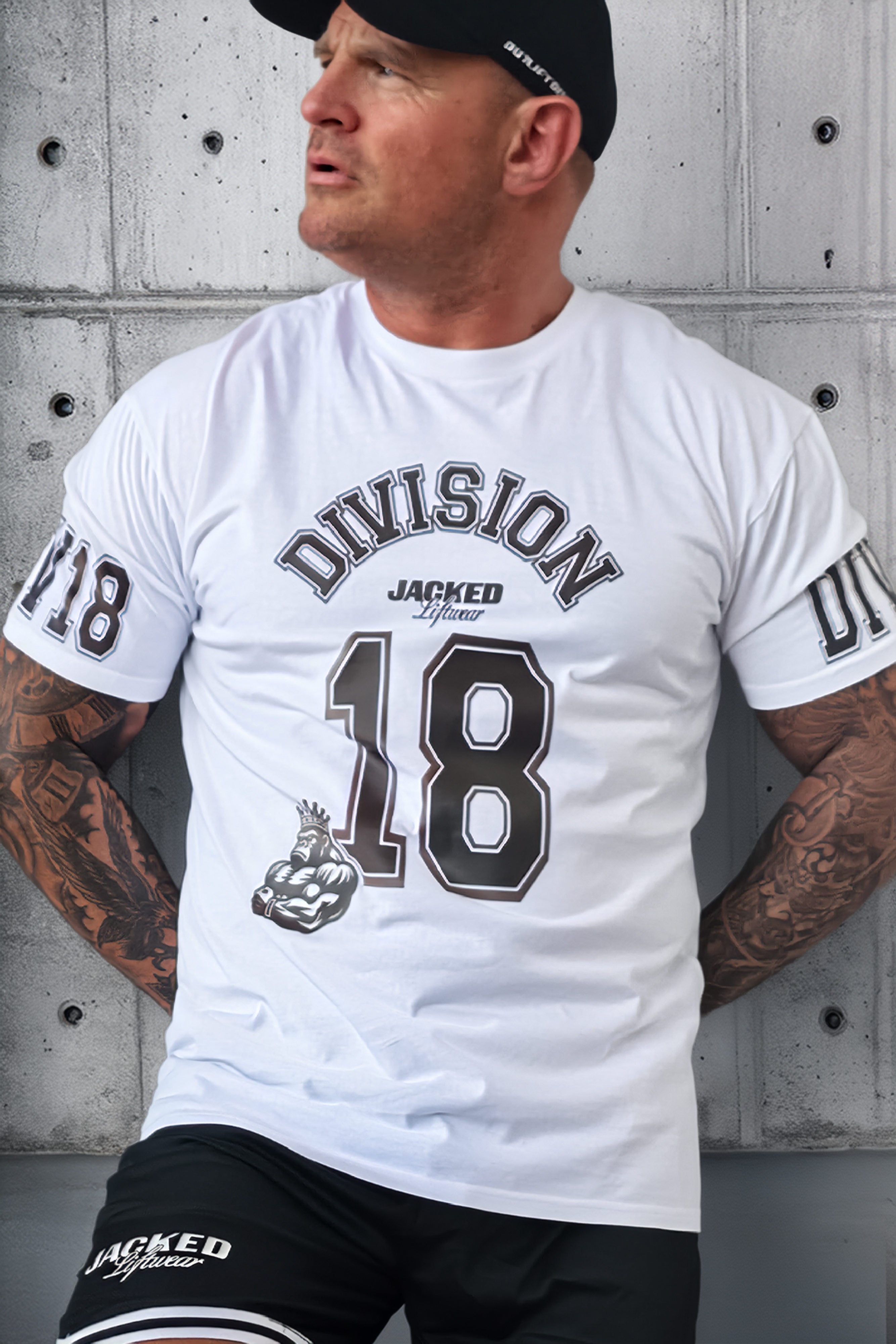 JCKD 3018 Division 18 Tee white, bold DIV18 graphic on lightweight summer cotton gym tee