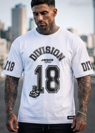 RTLS 3018 Division 18 Oversized Tee white, bold DIV18 graphic on drop shoulder oversized gym tee