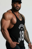 JCKD 1018 Division 18 Stringer black, bold DIV18 graphic on performance stringer singlet for gym athletes