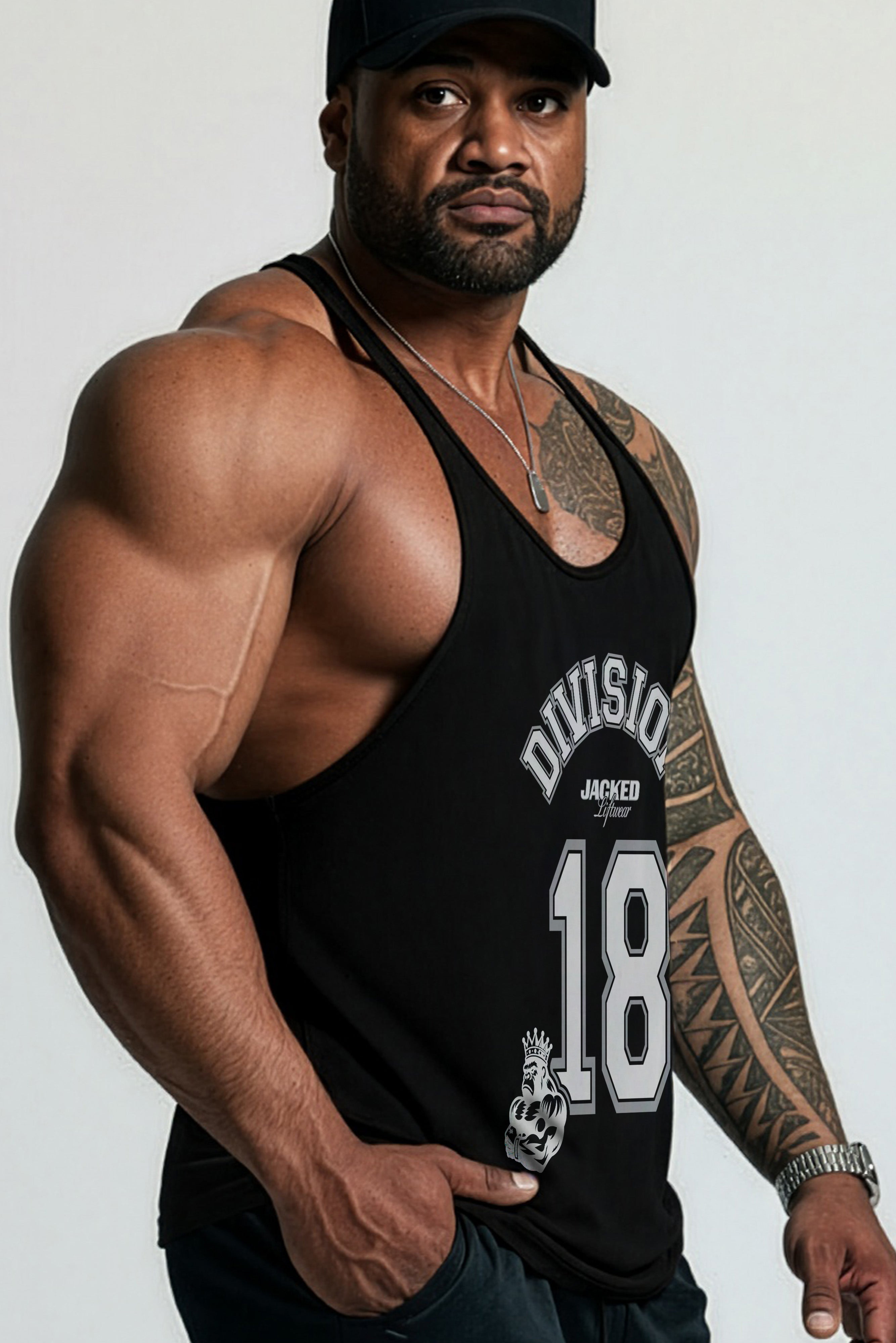 JCKD 1018 Division 18 Stringer black, bold DIV18 graphic on performance stringer singlet for gym athletes