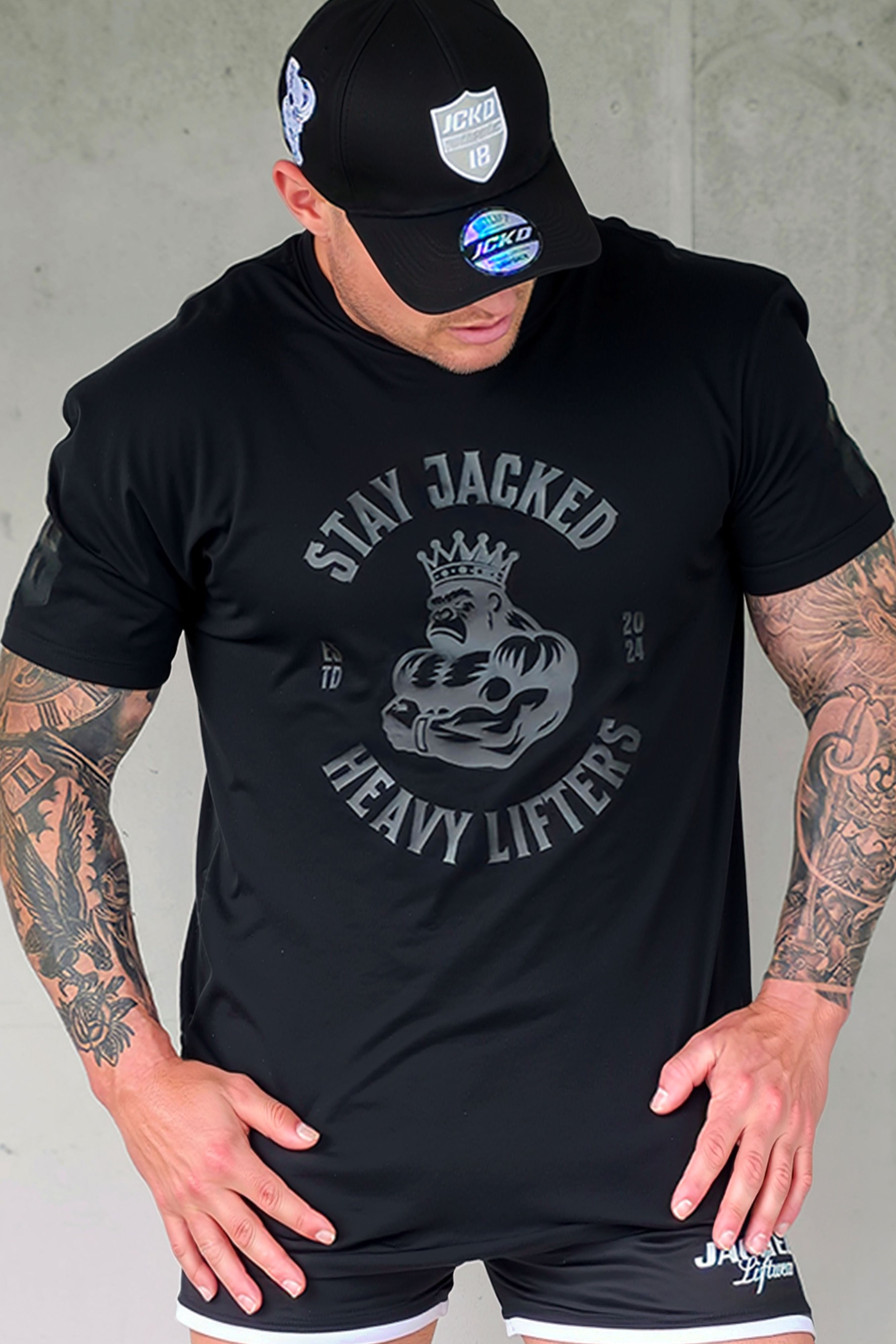 JCKD 3018 Kong 18 Stealth Tee black on black tonal gorilla graphic on heavyweight 220 GSM gym tee