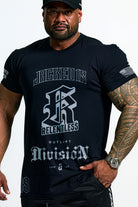 JCKD 3018 Relentless 18 Tee black, signature Jacked chest graphic on 220 GSM heavyweight cotton gym tee