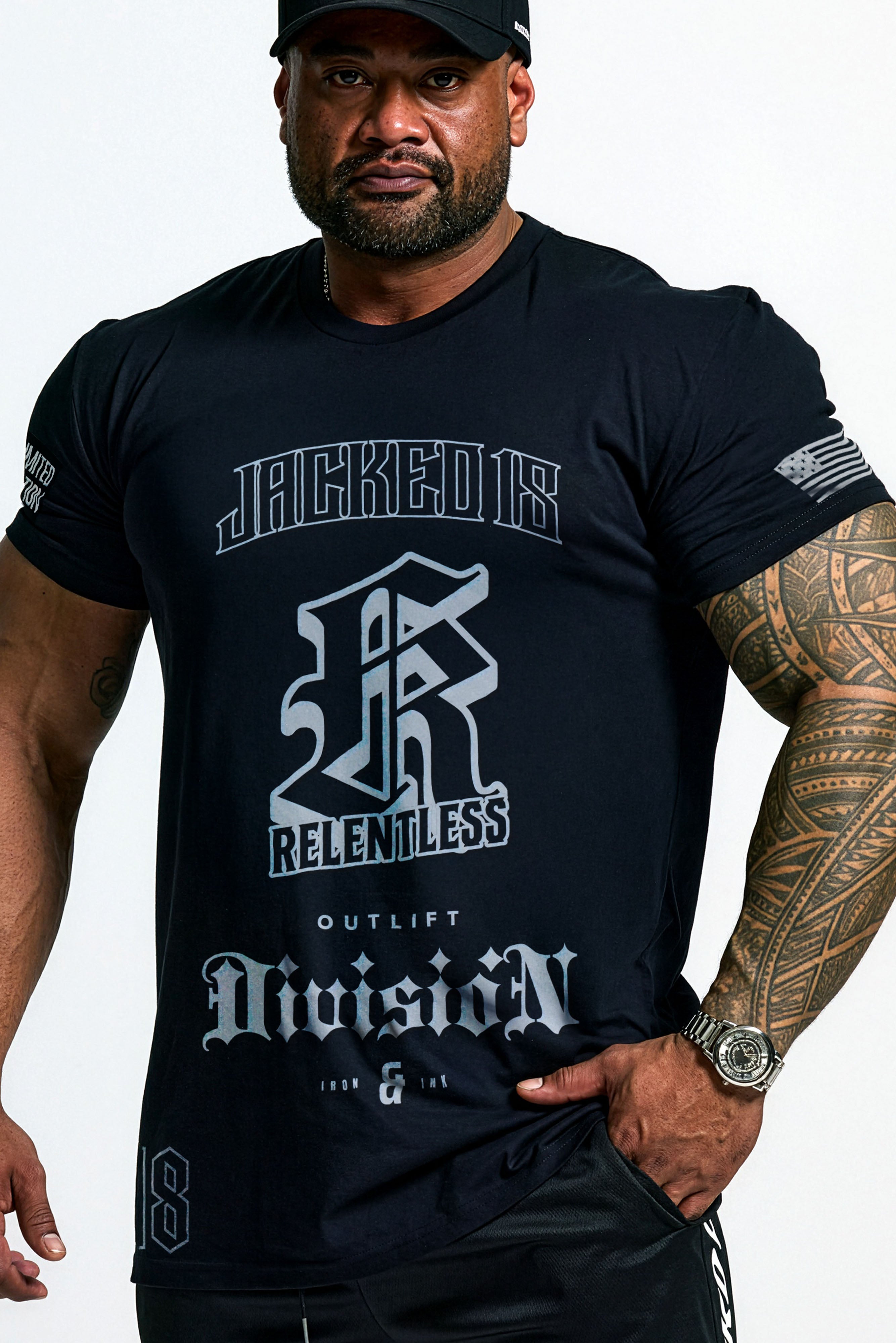 JCKD 3018 Relentless 18 Tee black, signature Jacked chest graphic on 220 GSM heavyweight cotton gym tee