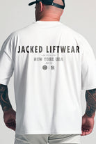 JCKD 4018 Mighty Joe Oversized Tee white, strongman tribute graphic on drop shoulder oversized gym tee