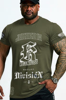 JCKD 3018 Relentless 18 Tee army green, signature chest graphic on heavyweight 220 GSM cotton gym tee