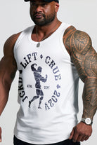 JCKD 1018 Olympia Singlet black, distressed old-school Lift Crue bodybuilding graphic on premium cotton singlet