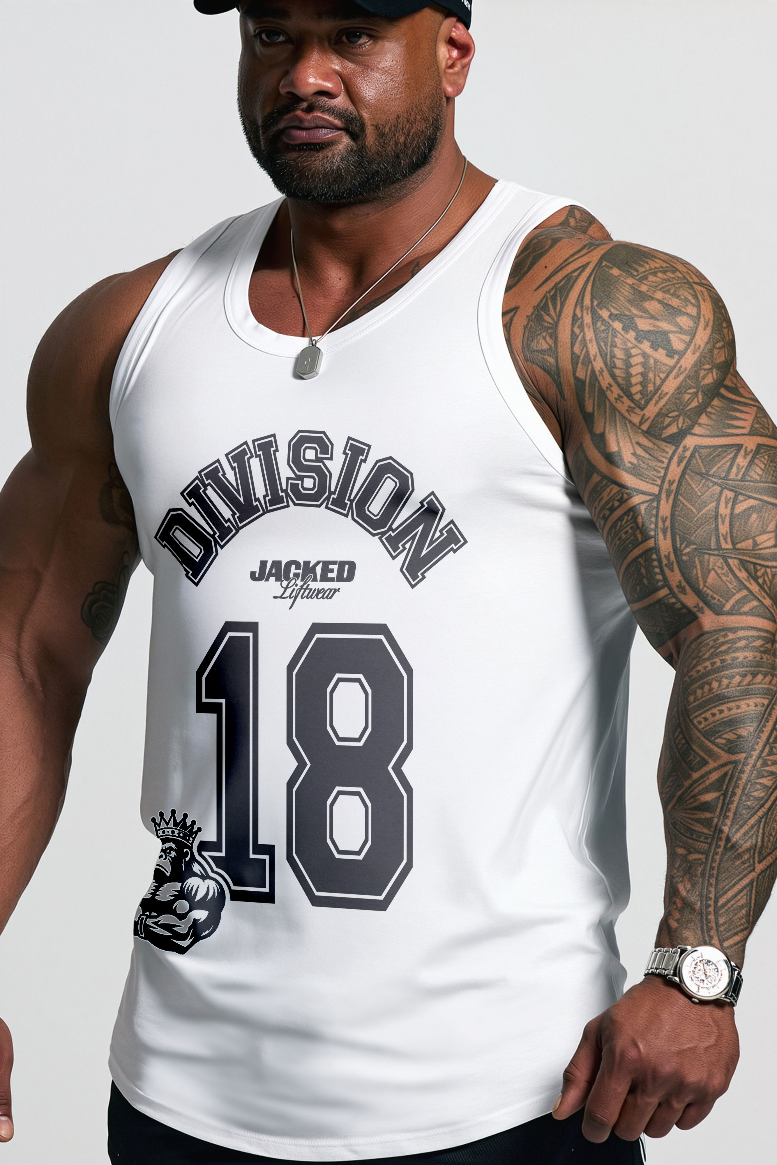 JCKD 1018 Division 18 Singlet black, bold DIV18 chest graphic on sleeveless bodybuilding cut singlet