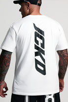 JCKD 3018 Vertical Division Tee white and black, JCKD Authentic chest print on heavyweight gym tee