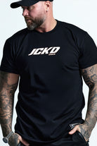 JCKD 3018 Vertical Division Tee black with red print, JCKD Authentic chest graphic on 220 GSM gym tee