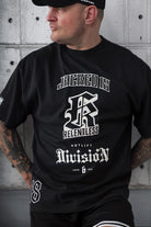 JCKD 4018 OG Relentless Oversized Tee black, bold Relentless 18 graphic on drop shoulder oversized gym tee