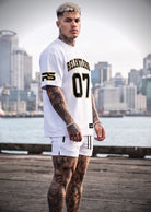 4018 Arnold 07 Oversized Tee white, front, RELENTLESS 07 chest print in black with gold keyline